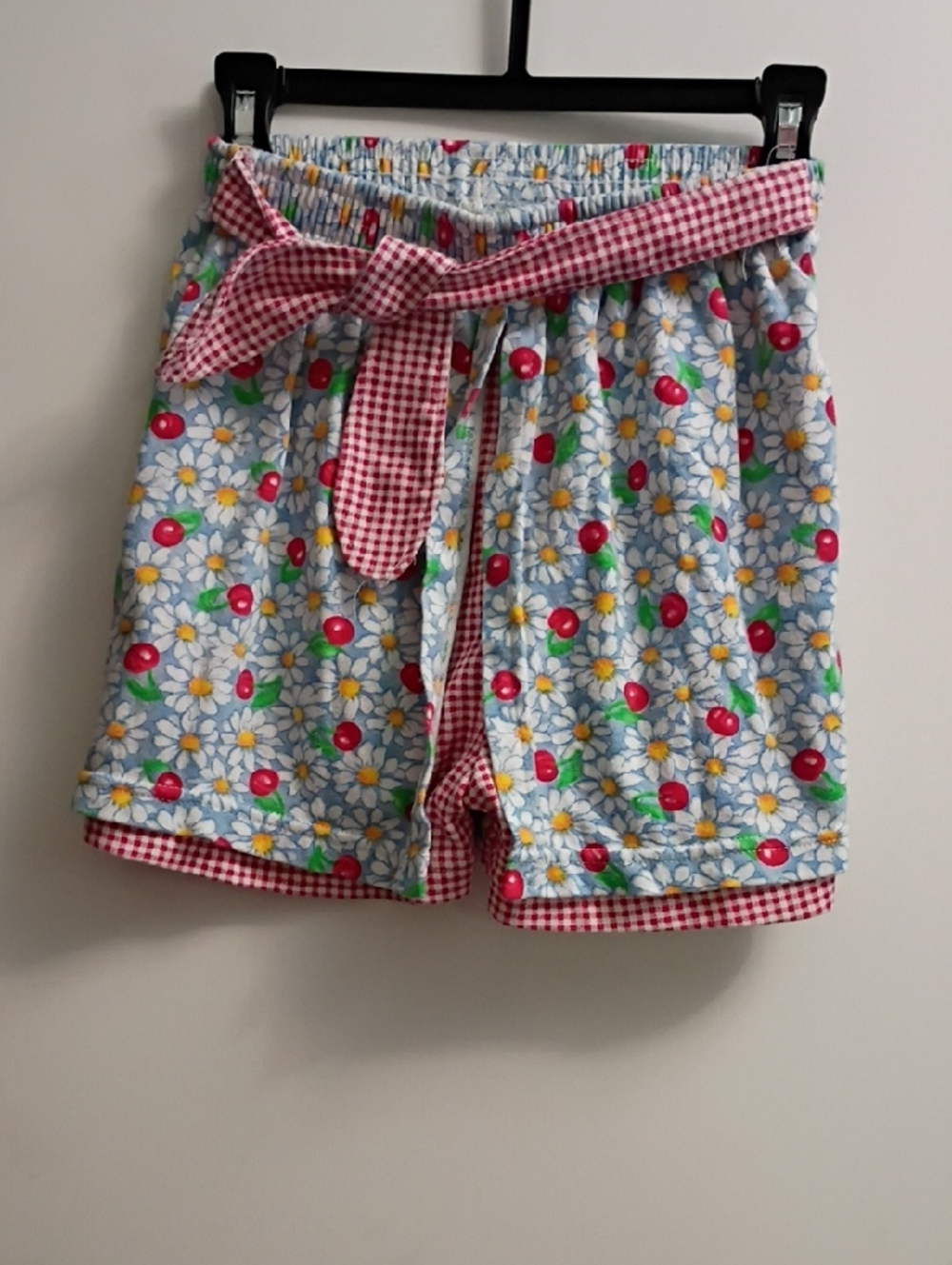 Girl's Floral Daisy Print Shorts with Red Gingham Waist Tie